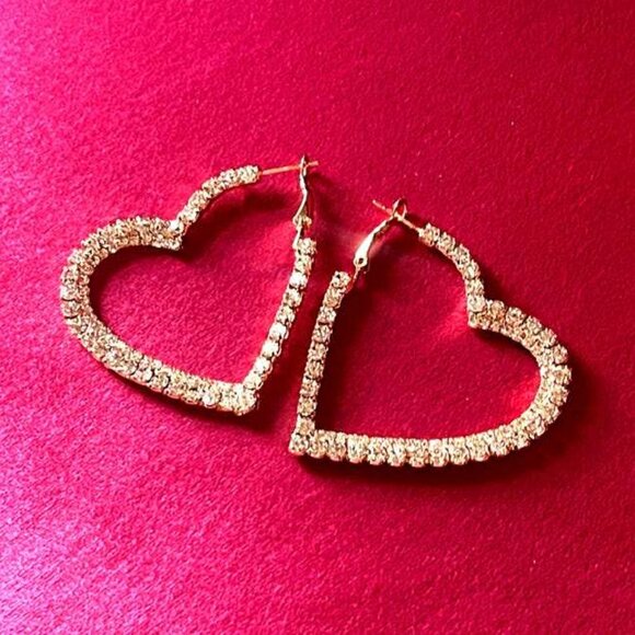 Brand New Golden Heart Earrings with Faux Crystals Size 2X2 inches - Picture 1 of 3